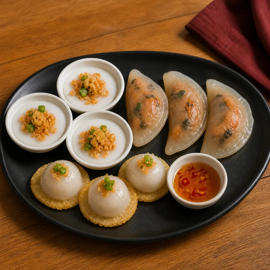 A shared tray of bánh bèo, quai vạc and ít ram