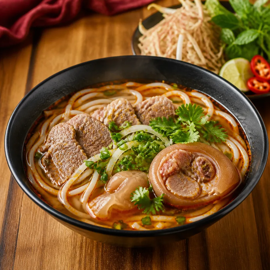 Bún bò Huế in a black bowl on an oak table